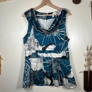 Banana Republic Size 12 Teal & White Floral Cowl-Neck Sleeveless Blouse